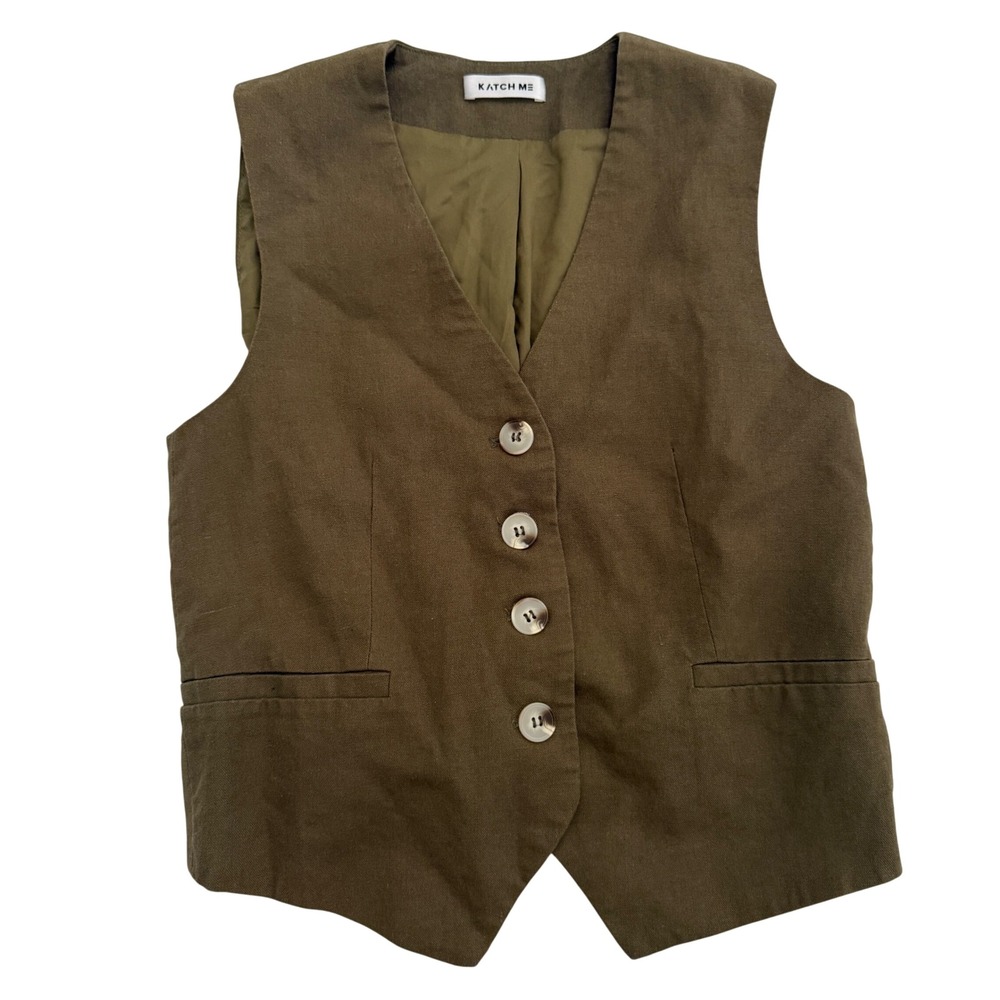 Katch Me Womens Olive Green Linen Blend Vest S Coastal Grandmother Earthy - Picture 3 of 7